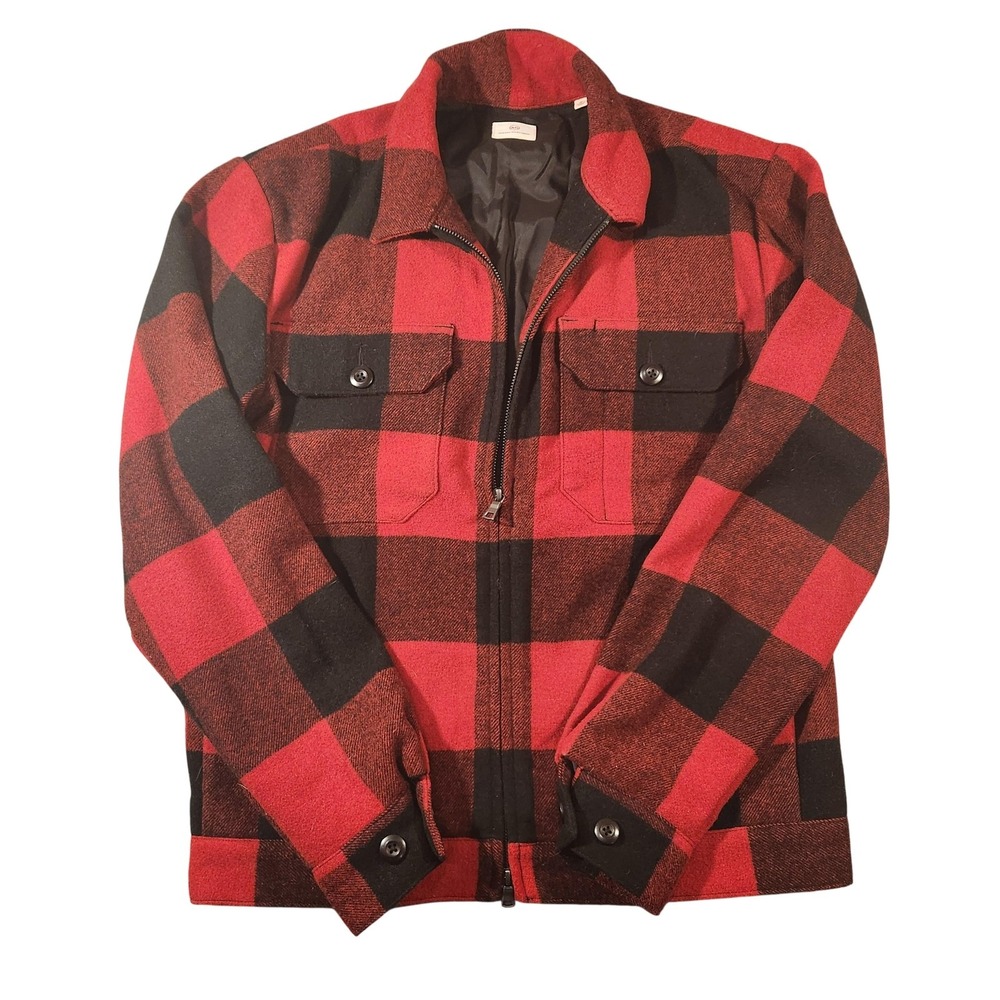 AG Adriano Goldschmied Jacket Mens Medium Red Black Buffalo Plaid Cotton Zip
